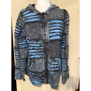 Rising International Handmade Patchwork Unisex Hoodie Black Blue Boho Zip-Up XL